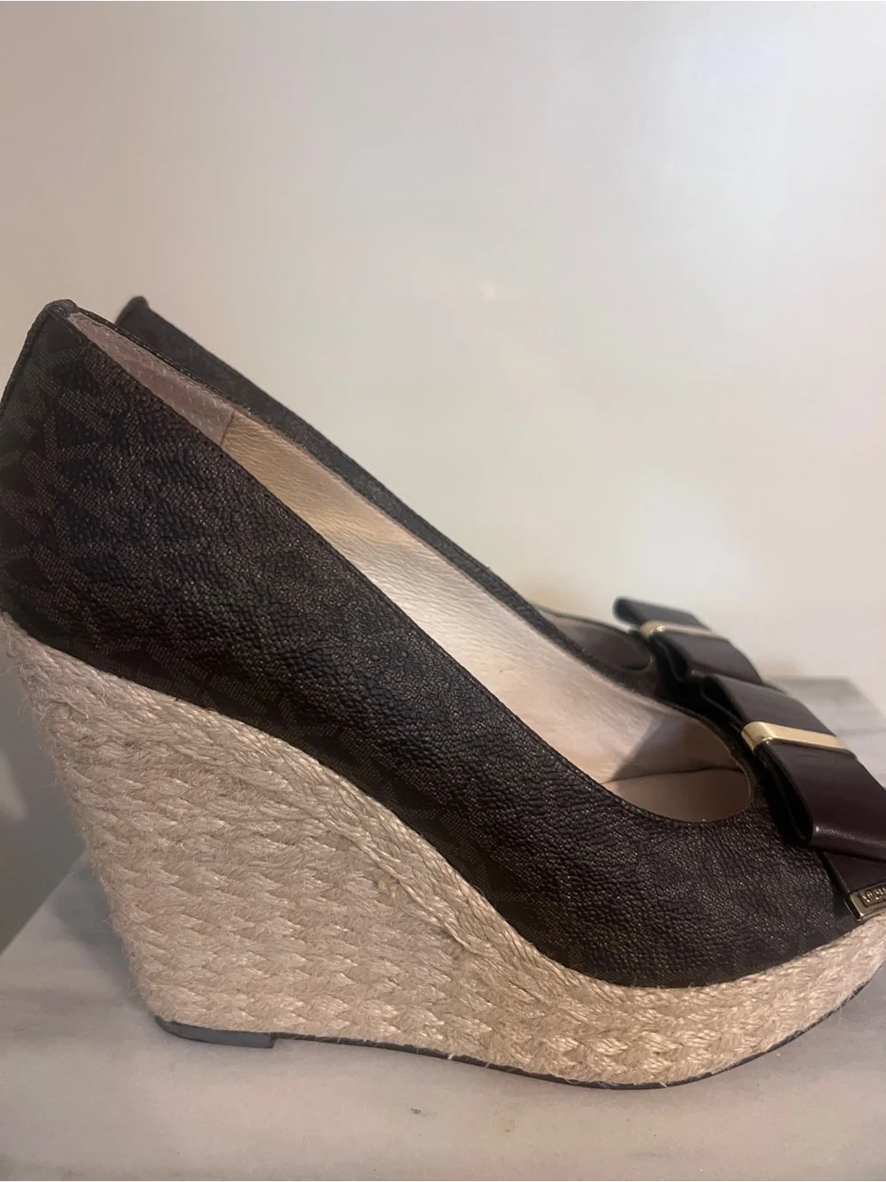 Michael Kors Dark Brown Peep-Toe Wedge Espadrilles with Bow